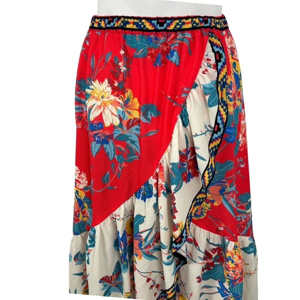Flying Tomato Maxi Skirt Red Floral Ruffle High Low Peasant Euro Bohemian L - Picture 5 of 6